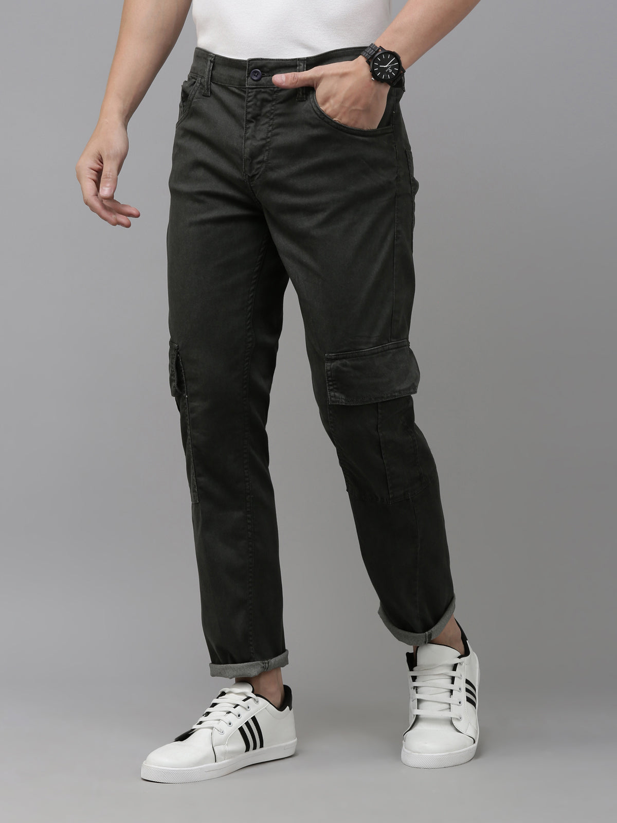 Buy ManQ Charcoal Slim Fit Flat Front Trousers for Men's Online @ Tata CLiQ